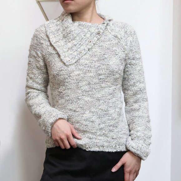 Y2K Cloud Grey/Ivory Marl Knit Sweater w/ Asymmetric Side Button Detail, Fitted - Picture 1 of 8